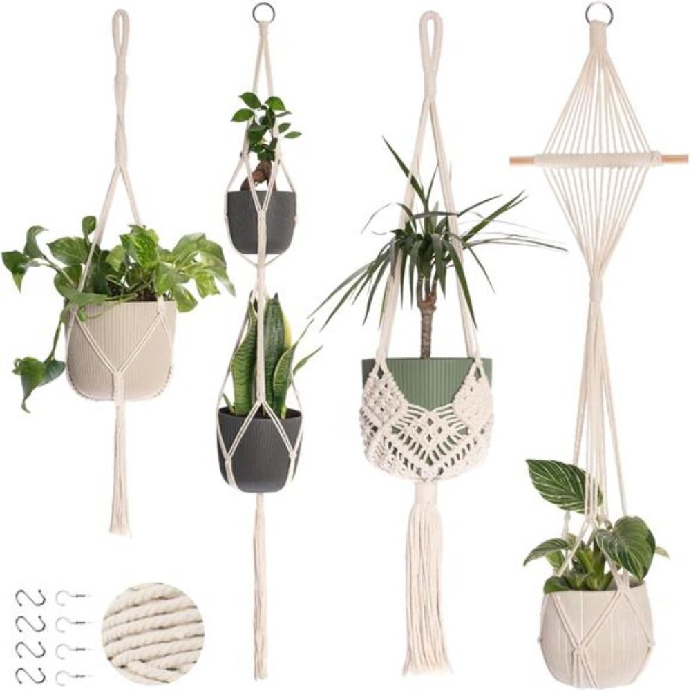 Theory 4-Pack Macrame Plant Hanger - with 8 Ceiling Hooks - Hanging Planter